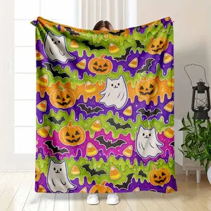 Kawaii Halloween Flannel Blanket, Cute Cat Ghost Pumpkin Bat Candy Corn Print, Soft Warm Plush Throw for Sofa Couch, Fall October Party Decor, Horror Lover Gifts