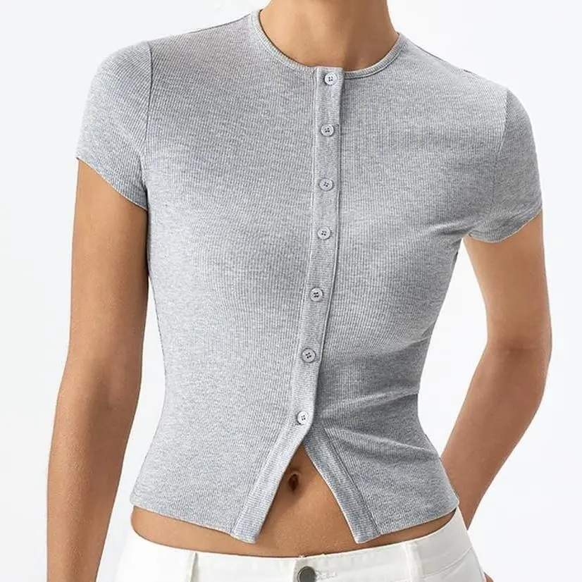 QINSEN Women's Crewneck Short Sleeve T Shirts Ribbed Button Going Out Trendy Tops