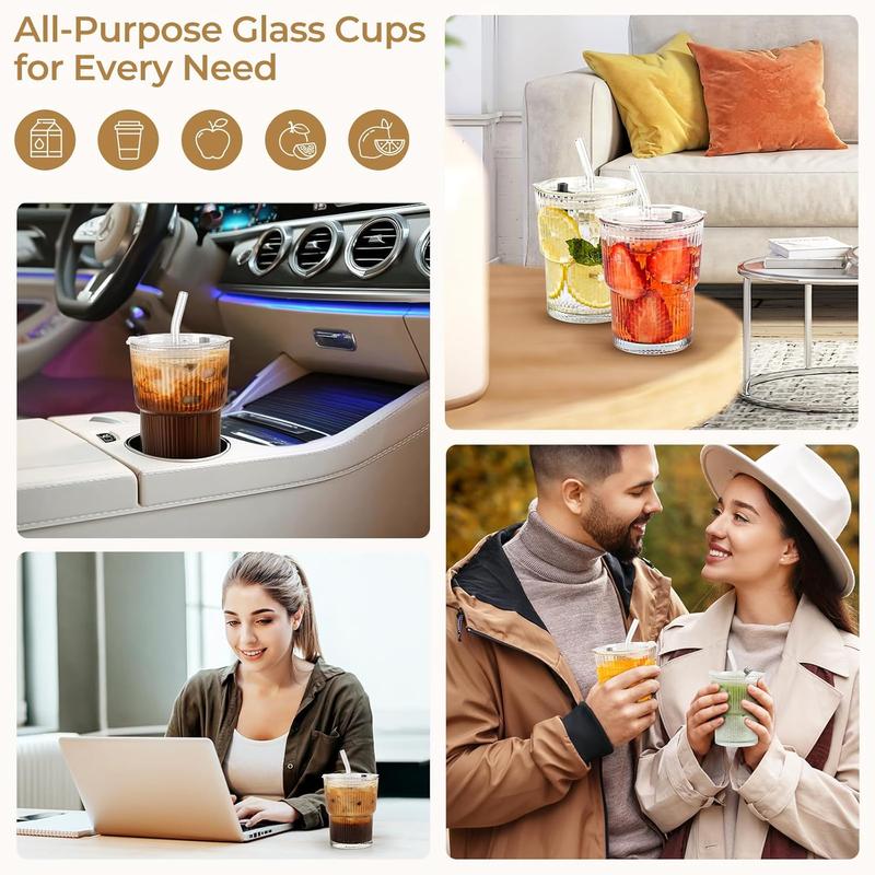 2pcs 14oz Glass Cups with Lids and Straws, Glass Coffee Cups, Iced Coffee Cups with Lids, Smoothie Cup, Tumbler for Whiskey, Cocktail, Juice, Tea, Latte