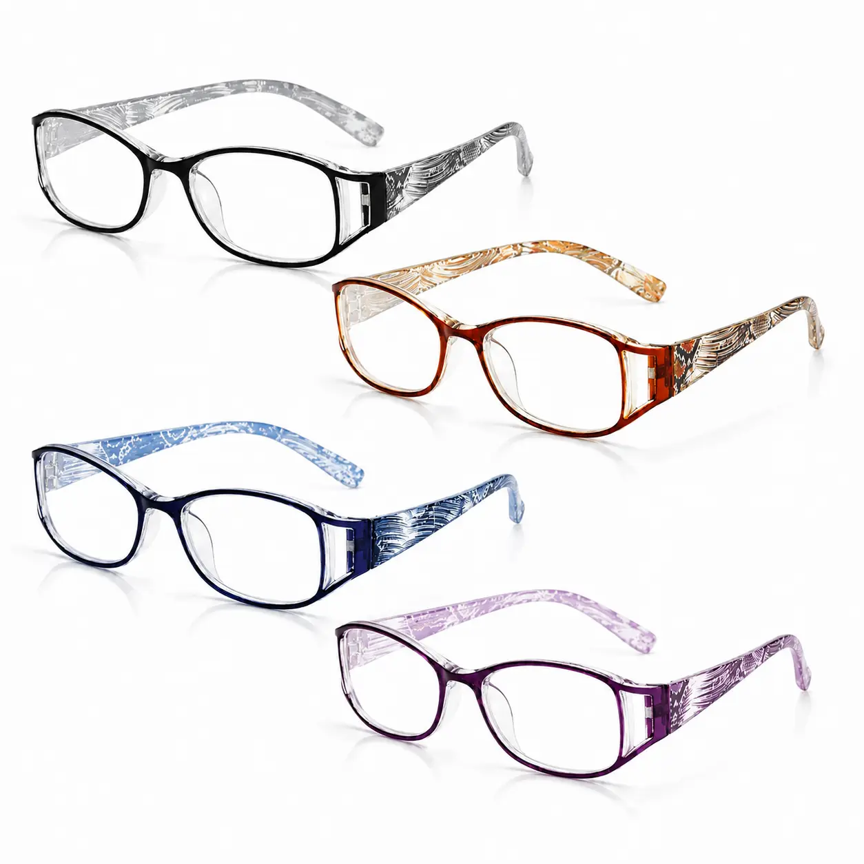 1 Pair Rectangular Reading Glasses for Women, Lightweight Full-Rim Readers with Patterned Temples, Multiple Color Options