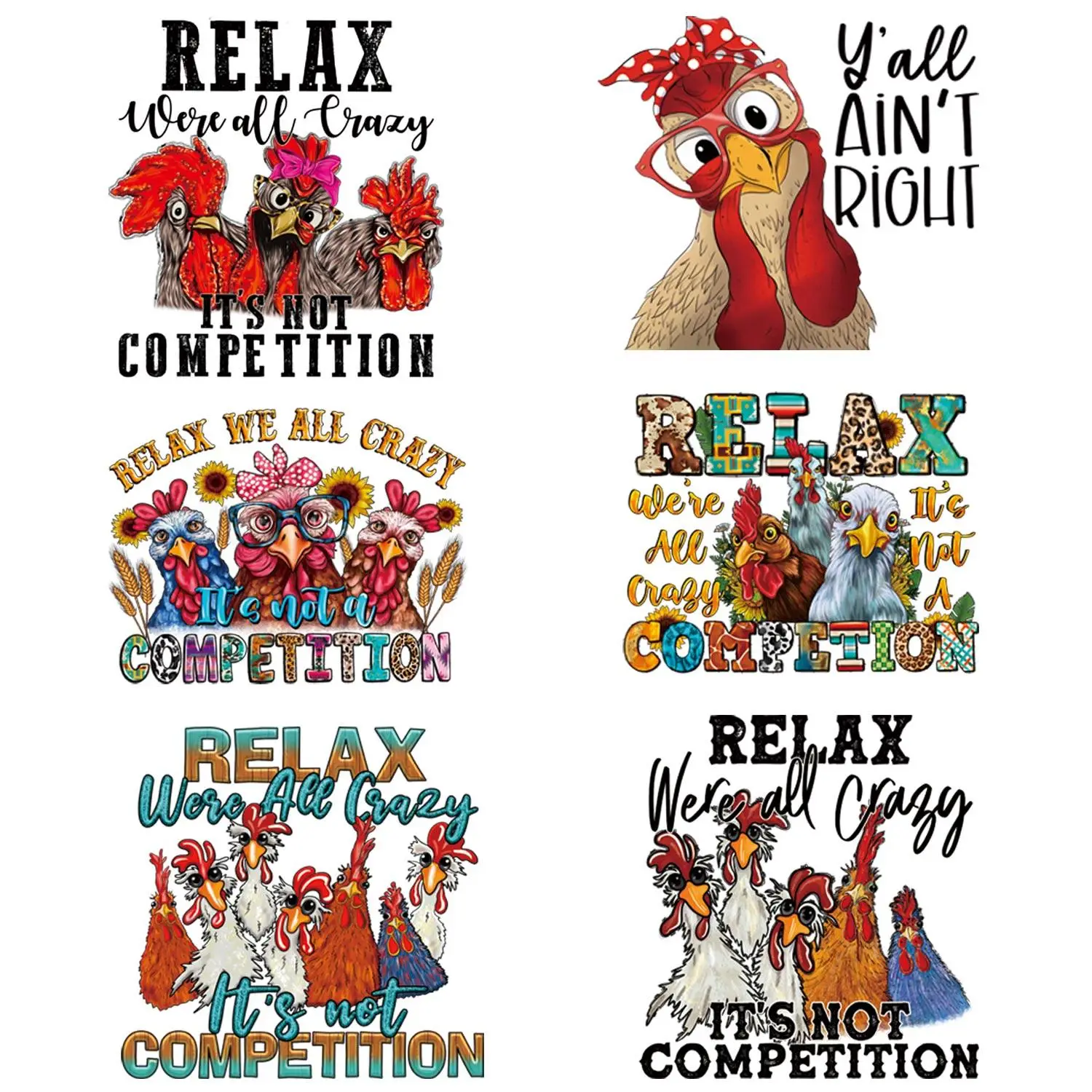 Rooster & Slogan Pattern Heat Transfer Sticker, 6pcs/set DIY Clothing Decoration Heat Transfer Sticker
