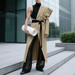 INCERUN COS High-Fashion/Unisex Deconstructed Single-Shoulder Ruffle Long Coat | Waist-Tie Avant-Garde Trench | Fashion Week, Art Exhibit, Concept Photoshoot