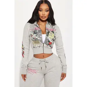 Ed Hardy Rose And Sword Zip Front Hoodie - Heather Grey K