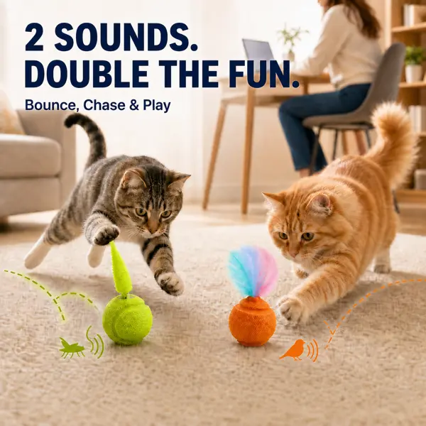 2-Pack Universal Sound-Activated Cat Ball Chaser Toys - Indoor Cats, Bird & Insect Sounds, Colorful Feather, Wiggly Tail, High-Bounce E-TPU