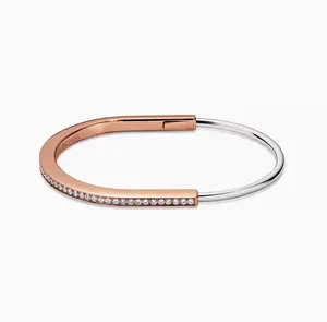 Pre-owned Tiffany Lock Narrow Bangle in Rose and White Gold with Half Pavé Dias size S(wirst 13.4 14.6cm)