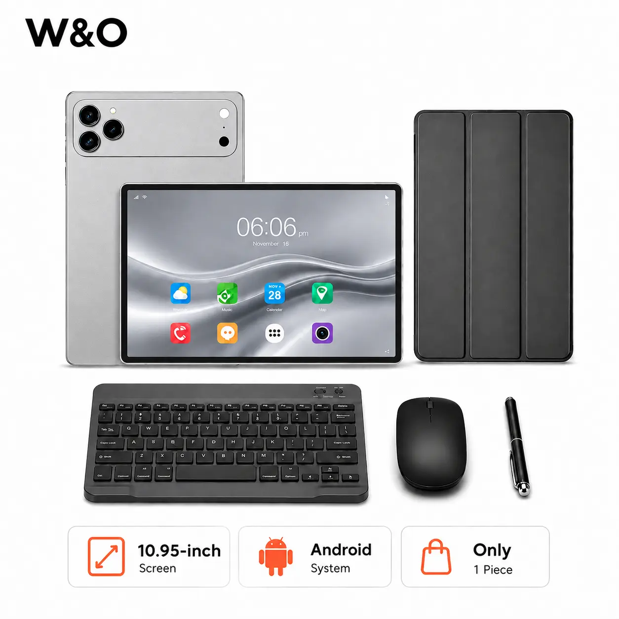 【TikTokShopBackToSchool】W&O 2026 Android 15, 11-inch Tablet, 12GB RAM + 256GB Expandable Storage, Long Lasting Battery, 10000mAh Battery, 5G WiFi, Portable Device with Keyboard, Mouse, Case, Stylus, Dual Camera, Work, Valentine’s Day Gift bundle