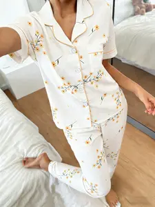 Women's Short Sleeve Long Pants Pajama Set, Nightwear, Pjs, Daisy Vine Full Print, Casual Loose Fit, Soft Breathable Home Wear, Loungewear, All Seasons