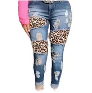 Women's Leopard Print Patch High Waist Denim Pants - Perfect for Jean Lovers - Womenswear Fit Casual Ripped Comfortable Bottom Day green jeans