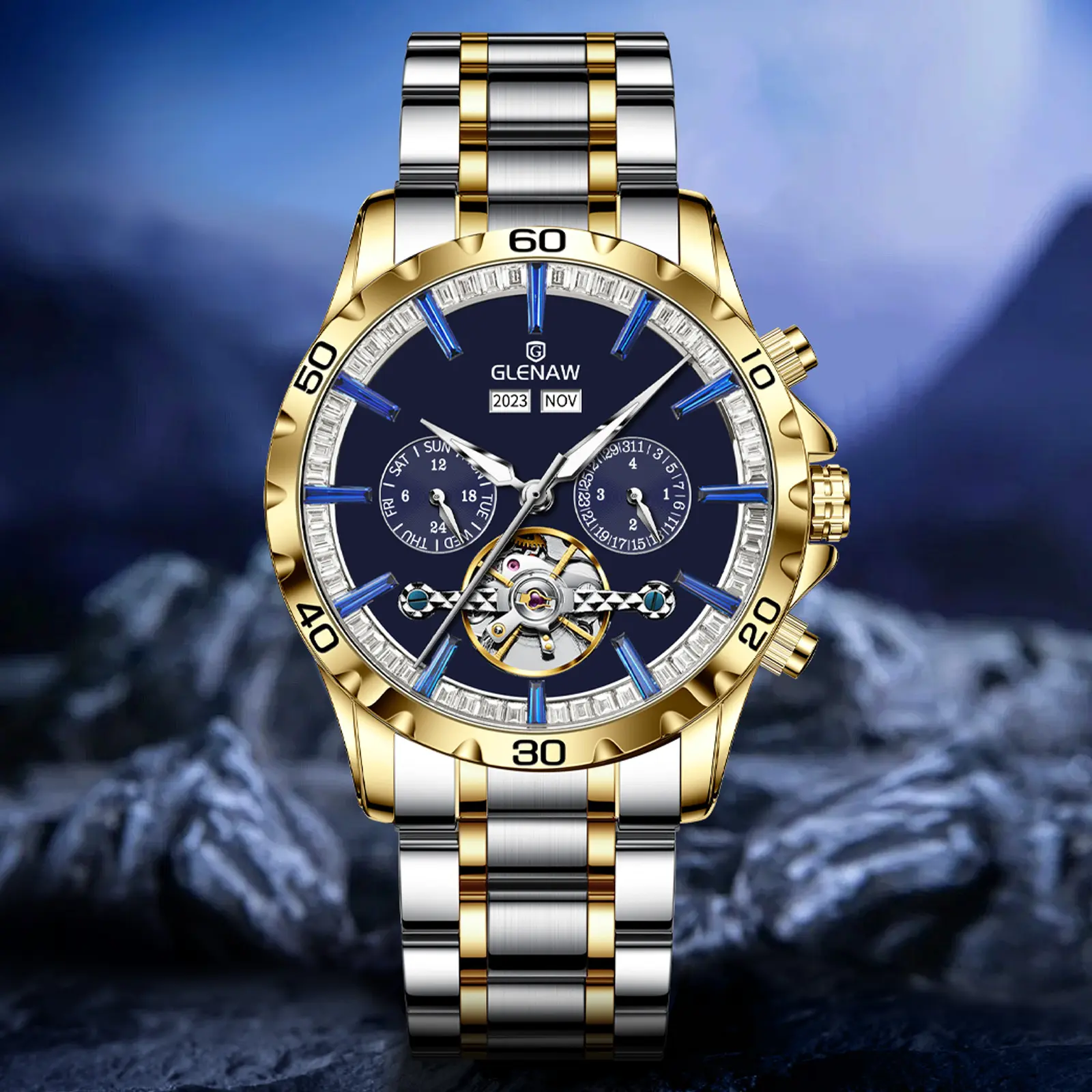 Diamond-bezel perpetual calendar men's automatic mechanical watch