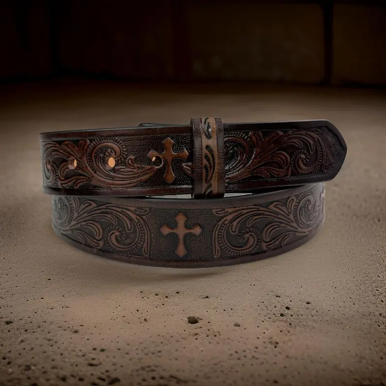Tooled Western Cross Carved Leather Belt 100% Genuine Full Grain Cowhide Engraved Genuine Leather Cowboy Belt