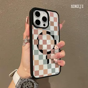 Vintage Multicolored Checkered Pattern Premium Magnetic Phone Cases for iPhone 16 15 14 Pro Max 13 12 11 Plus Smartphone Shockproof Protection Acrylic Cover Cellphone Protective magsafe magnetic case Aesthetic Resistance Casing