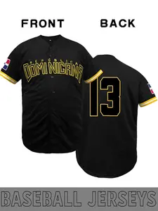 Dominican 13 black Gold Retro baseball jersey features an embroidered "DOMINICANA" design, a loose-fitting button-up shirt, perfect for both sports and everyday wear, embodying a cultural and niche fashion trend