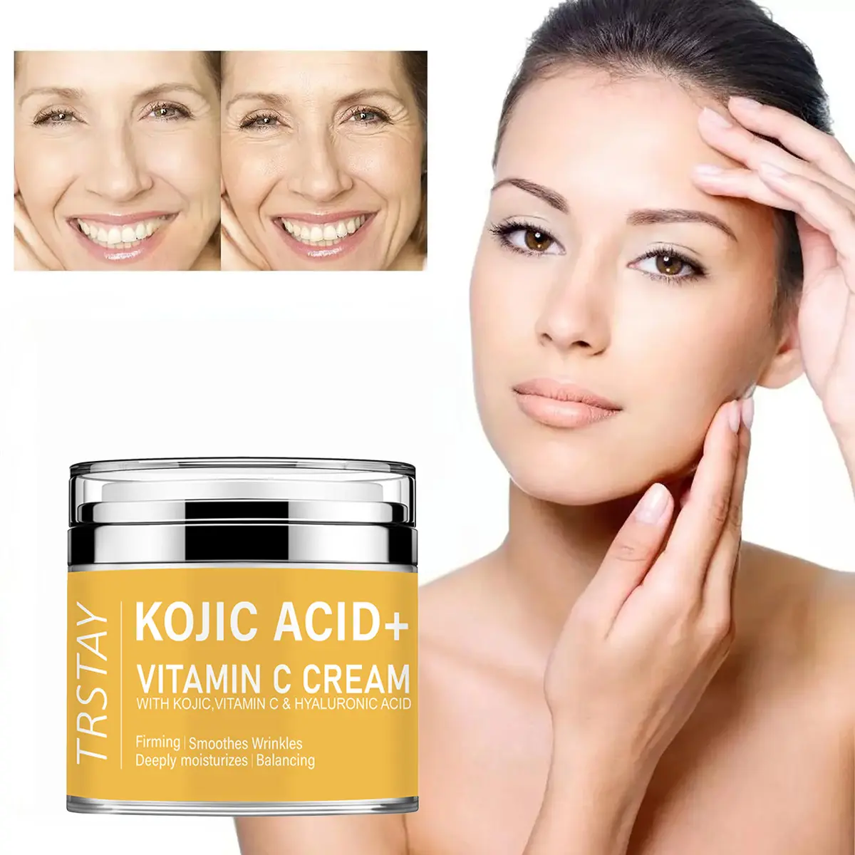 Kojic Acid Face Cream with Vitamin C & Hyaluronic Acid for Skin Tightening and Wrinkle Smoothing, Deep Moisturizer for All Skin Types, 50g, Moisturizers
