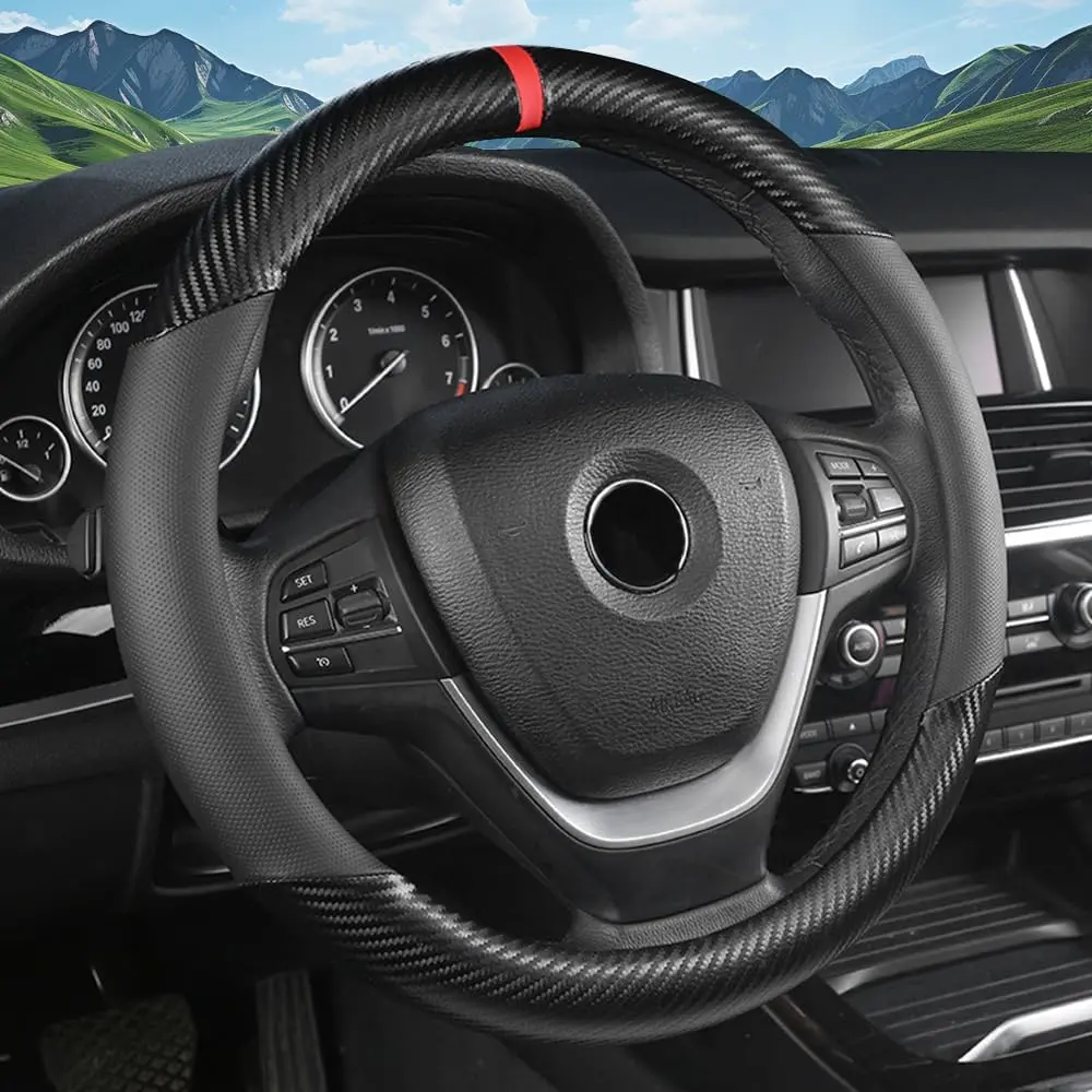 Car Steering Wheel Cover, Leather Steering Wheel Cover,Universal 14.5-15 Inch Microfiber Leather Anti-Slip Breathable Auto Steering Wheel Covers for Men Women (Black Red Mark)