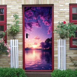2pcs Dream Purple Cherry Blossom Tree Wall Sticker Beautiful Sunset Lake Landscape Decal Self Adhesive Removable Waterproof Wall Mural for Bedroom Living Room Home Decor Art Decoration Wallpaper Sticker