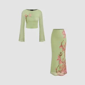 Cider Mesh Floral Lettuce Trim Crop Top & Mid Rise Ruffle Maxi Skirt Set