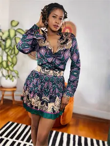 Royal Remix Set Multicolor Baroque Print Two-Piece Set with Deep-V Blouse & Pleated Mini Skirt for Summer Luxe Detailing Bold Statement Print