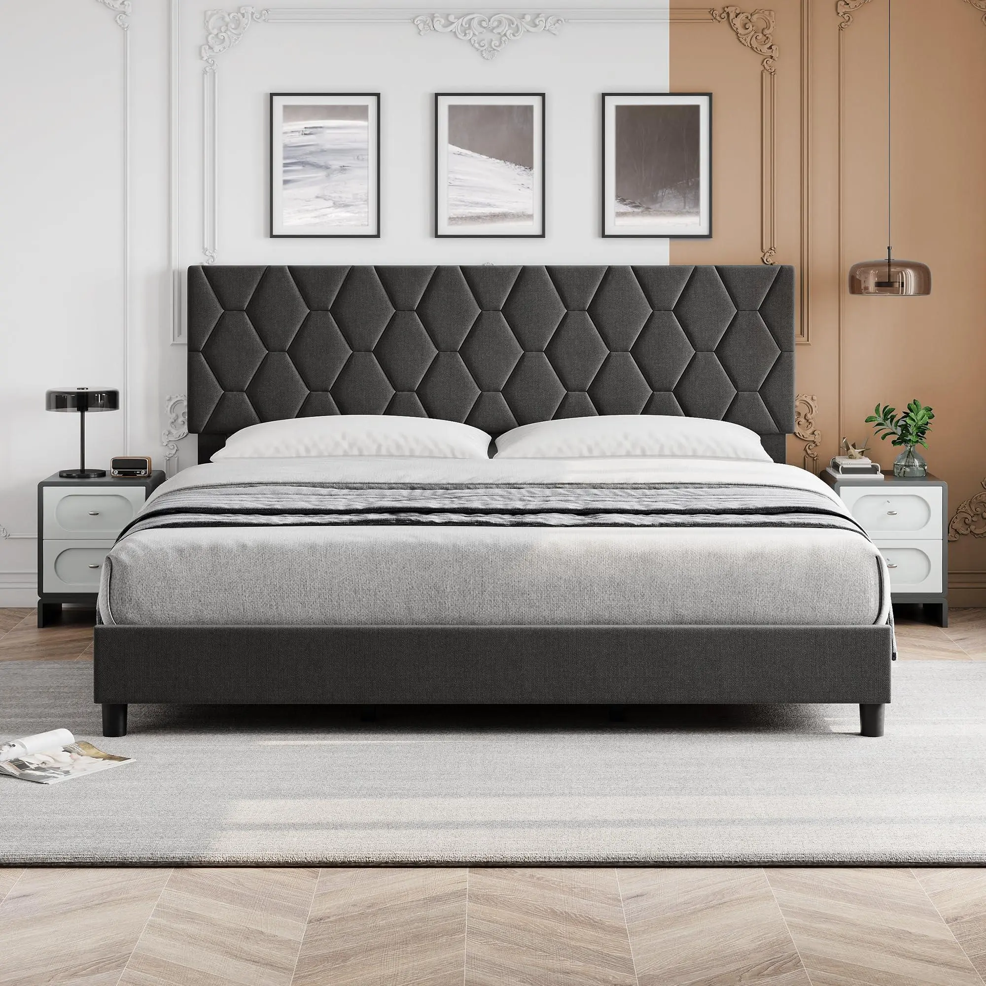 King Size Upholstered Bed Frame with Headboard, Platform Bed Frame with Wood Slats Support, Mattress Foundation/No Spring Needed/Easy Assembly/Noise Free