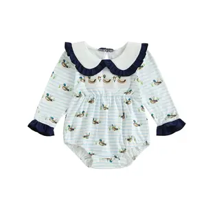 Baby Girl Fall Outfit Mallard Duck Embroidery Smocked Bubble Romper Doll Collar Striped Bodysuit Cute Newborn Going Home Outfit Photo