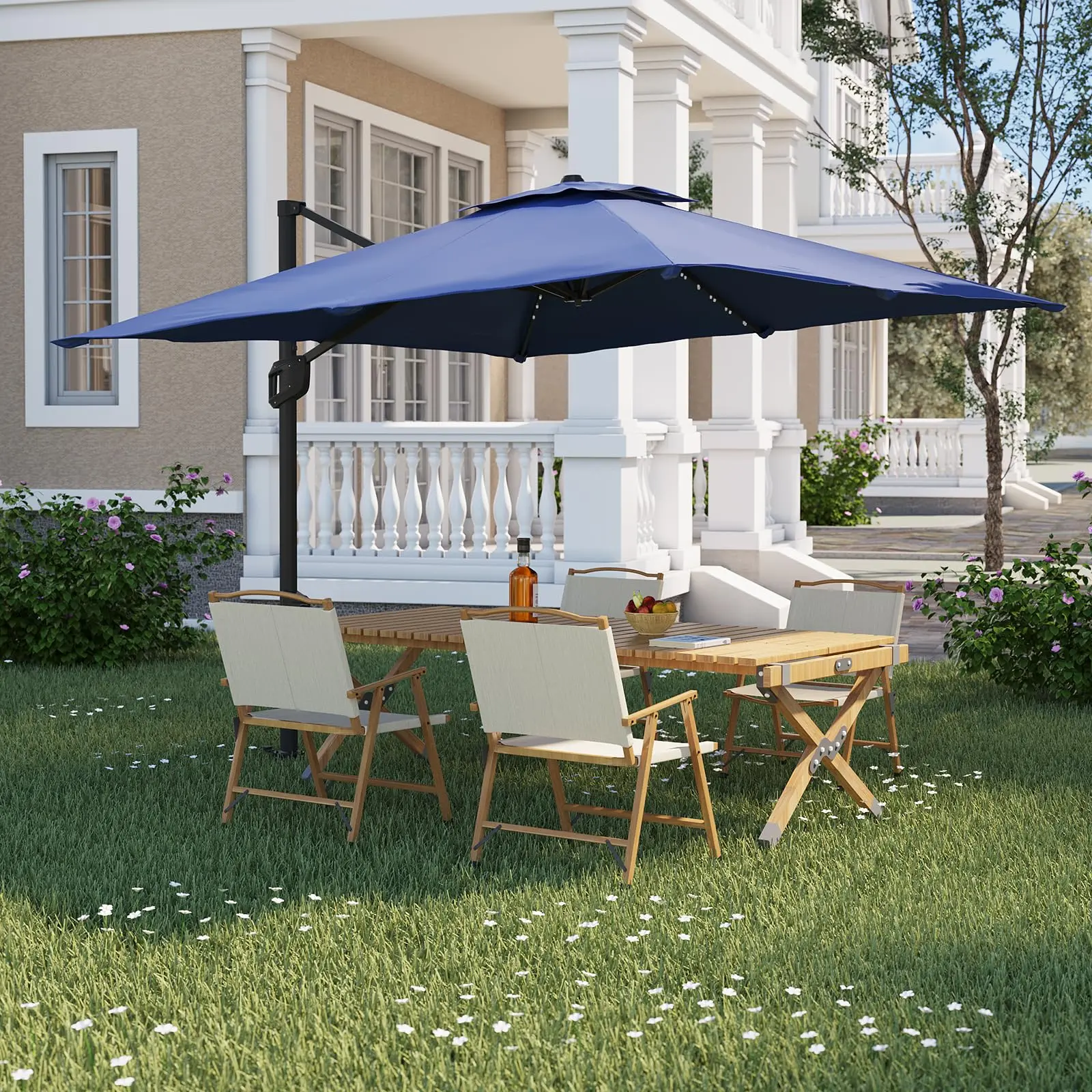 Garvee 10' x 10' Square Cantilever Patio Umbrella with Solar LED Lights & Weighted Base, 2-Tier Heavy Duty Aluminum Offset Umbrella with 360° Rotation, UV Protected & Waterproof for Backyard, Deck, Poolside(Navy Blue)