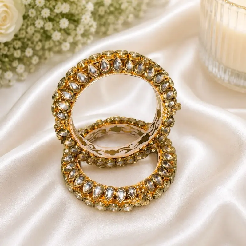 Women's Openable Kundan Stone Bangles - Size 2.6 - Fashion Accessory Set