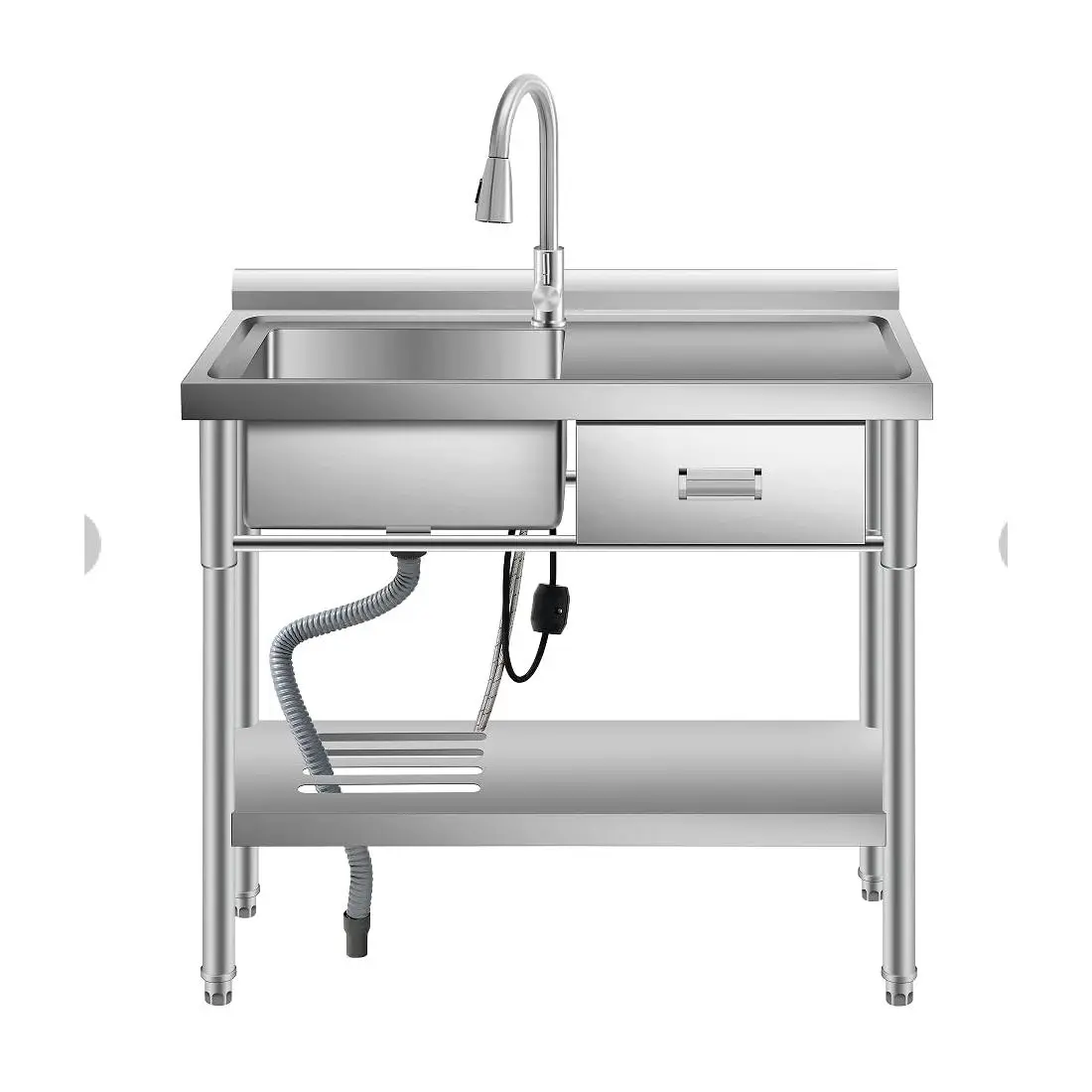 Free Standing Utility Sink, 39" Single Bowl Stainless Steel Commercial Sink with Drawers, Cold and Hot Water Pipe & Workbench, for Kitchen, Laundry