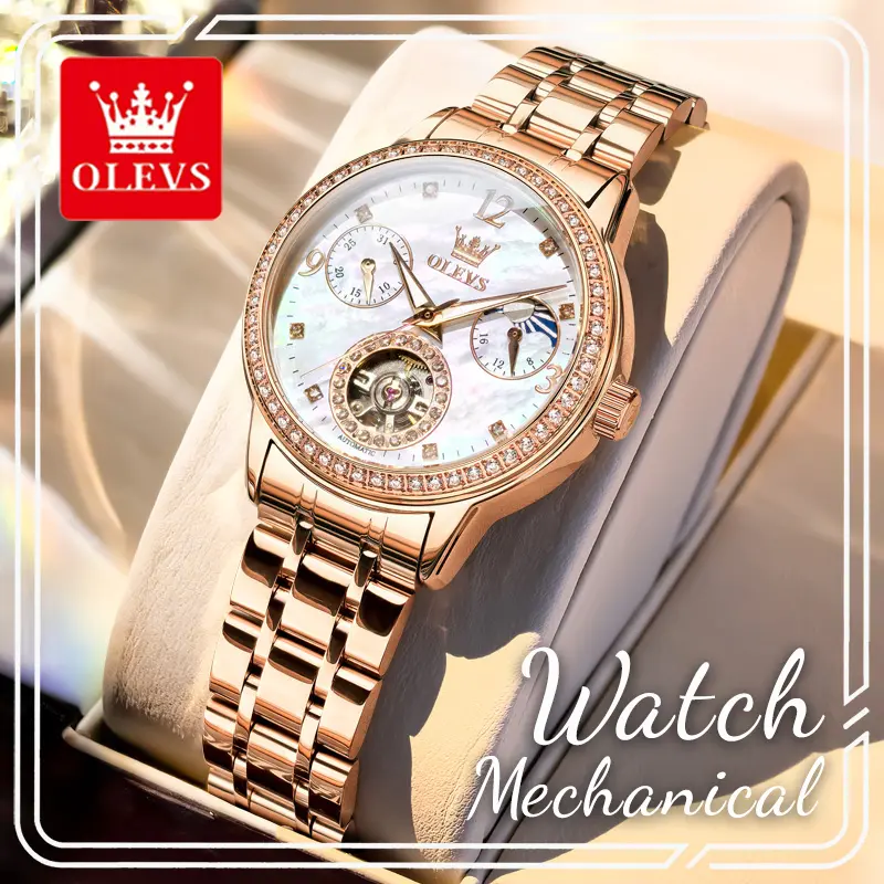 OLEVS 6750 Women's Elegant 34mm Analog Automatic Mechanical Watch - Steel Strap, Diamond-Encrusted Bezel, Shell Dial, Hollow Skeleton, Luminescent Hands, Multi-Subdials, 3ATM Water Resistant, Ideal Gift for Special Occasions, 30-50 Meters, Analog Display