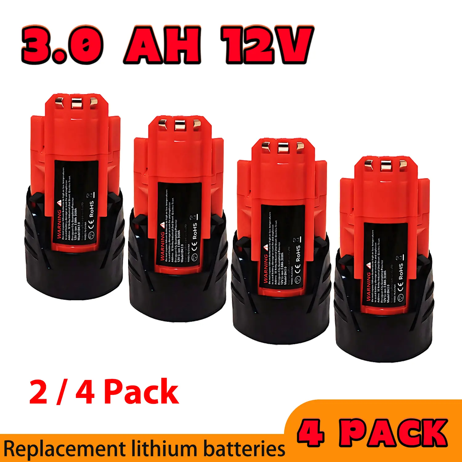 Rechargeable Battery Replacement Compatible with Miliwaukee Battery Power Tools 4 PC 12V 3.0AH Compatible with 12V 48-11-2410 48-11-2420 48-11-2411 48-11-2402 Durable and Stable Output