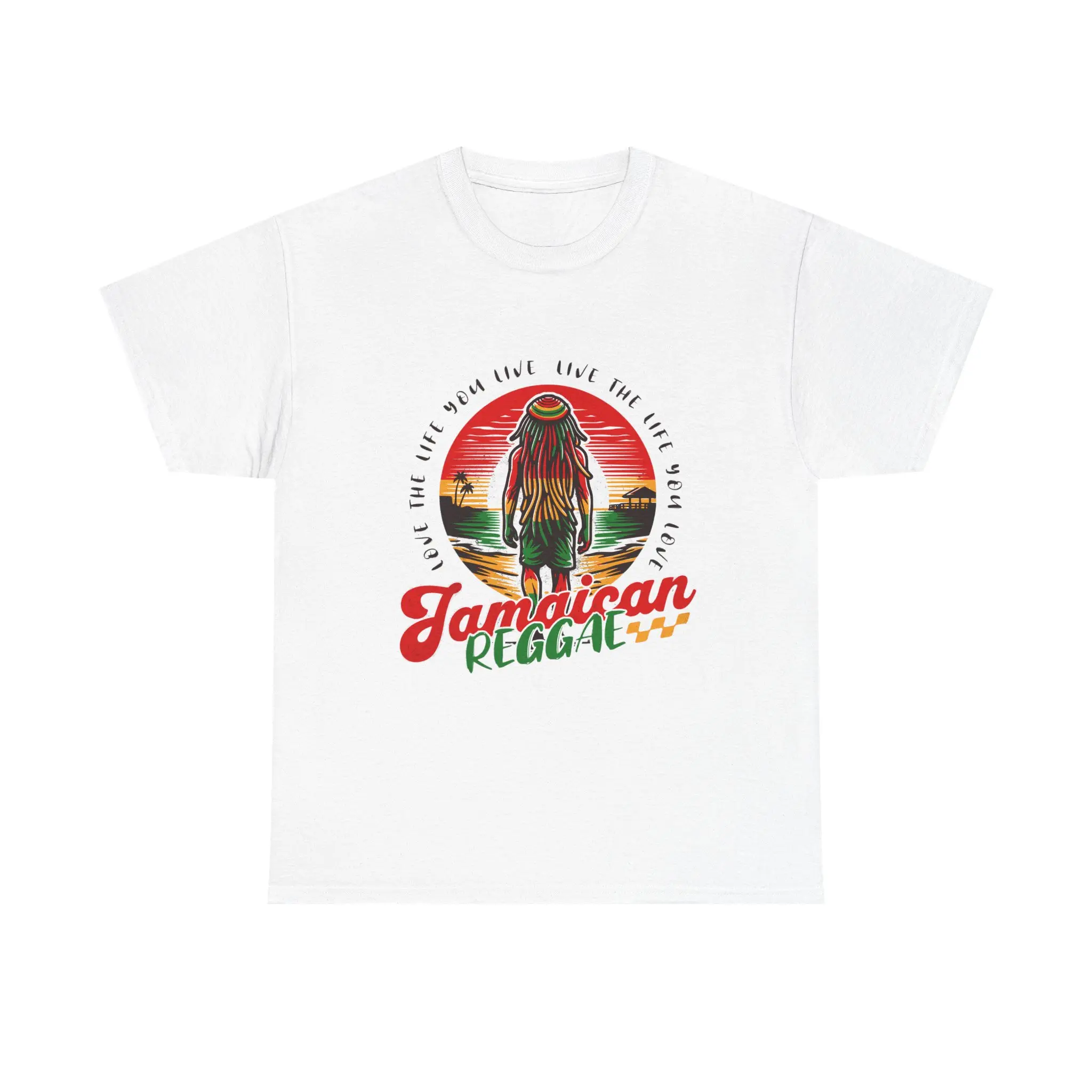 Men's Jamaican Reggae Rasta Sunset Front Graphic T-Shirt - Oeko-Tex Certified, Short-Sleeve, Breathable Cotton Tee, Soft Round Neck, Retro Tropical Prints, Dreadlocks Silhouette, Island Vibes, Streetwear, Casual Relaxed Fit, Year-Round Menswear