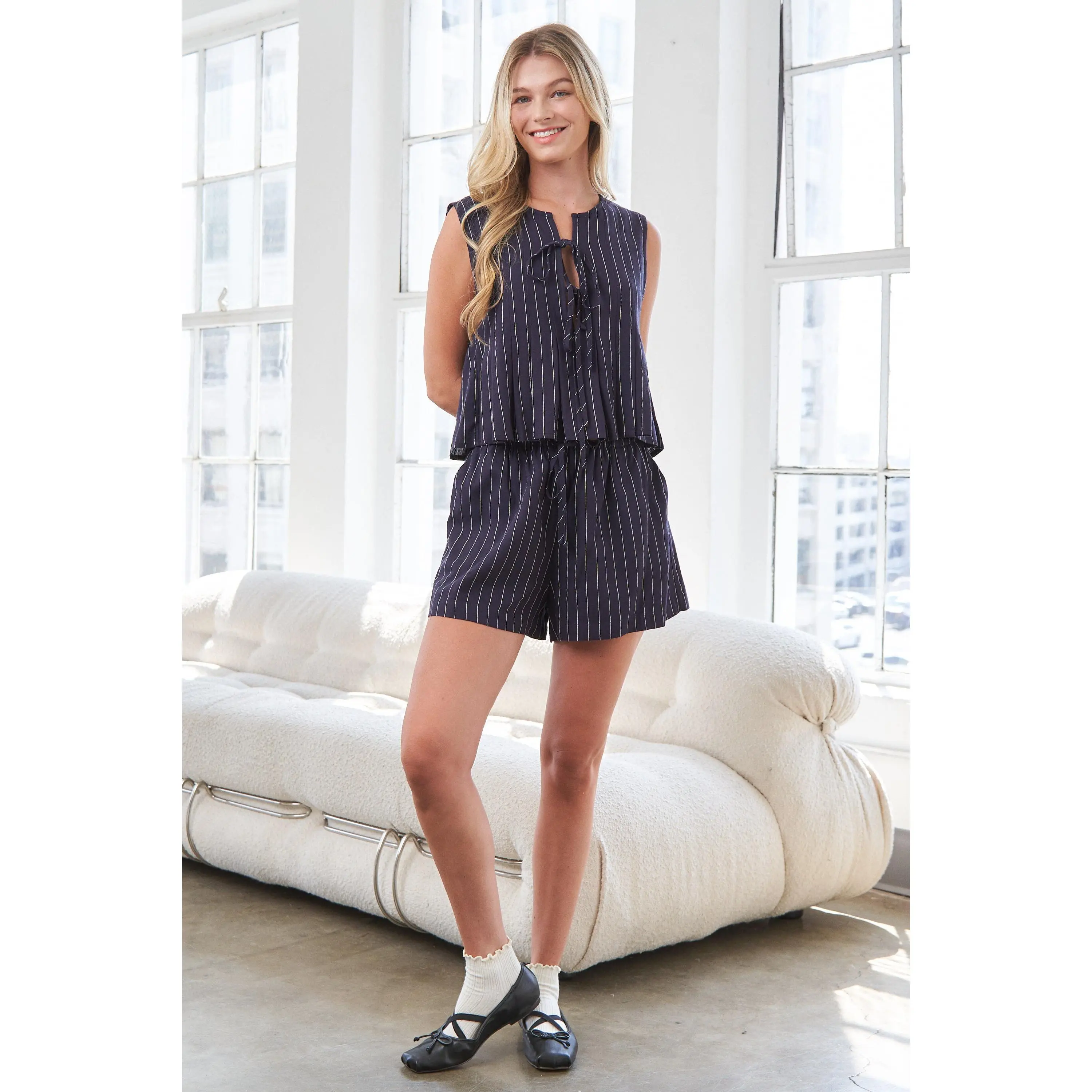 CANDESCENT Women's Top Casual Sleeveless Navy Striped Frankie 2-Piece Clothing Set - Elastic Waistline Shorts, 70% Rayon-30% Polyester Fabric, Handwashable, ST1117 Suits Womenswear