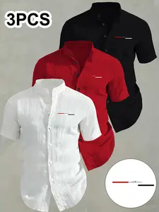 3-Pack Men's Summer Short Sleeve Shirts, Breathable Solid Collar Button-Up, Ideal for Beach Pool, Casual Swimwear, Perfect for Summer