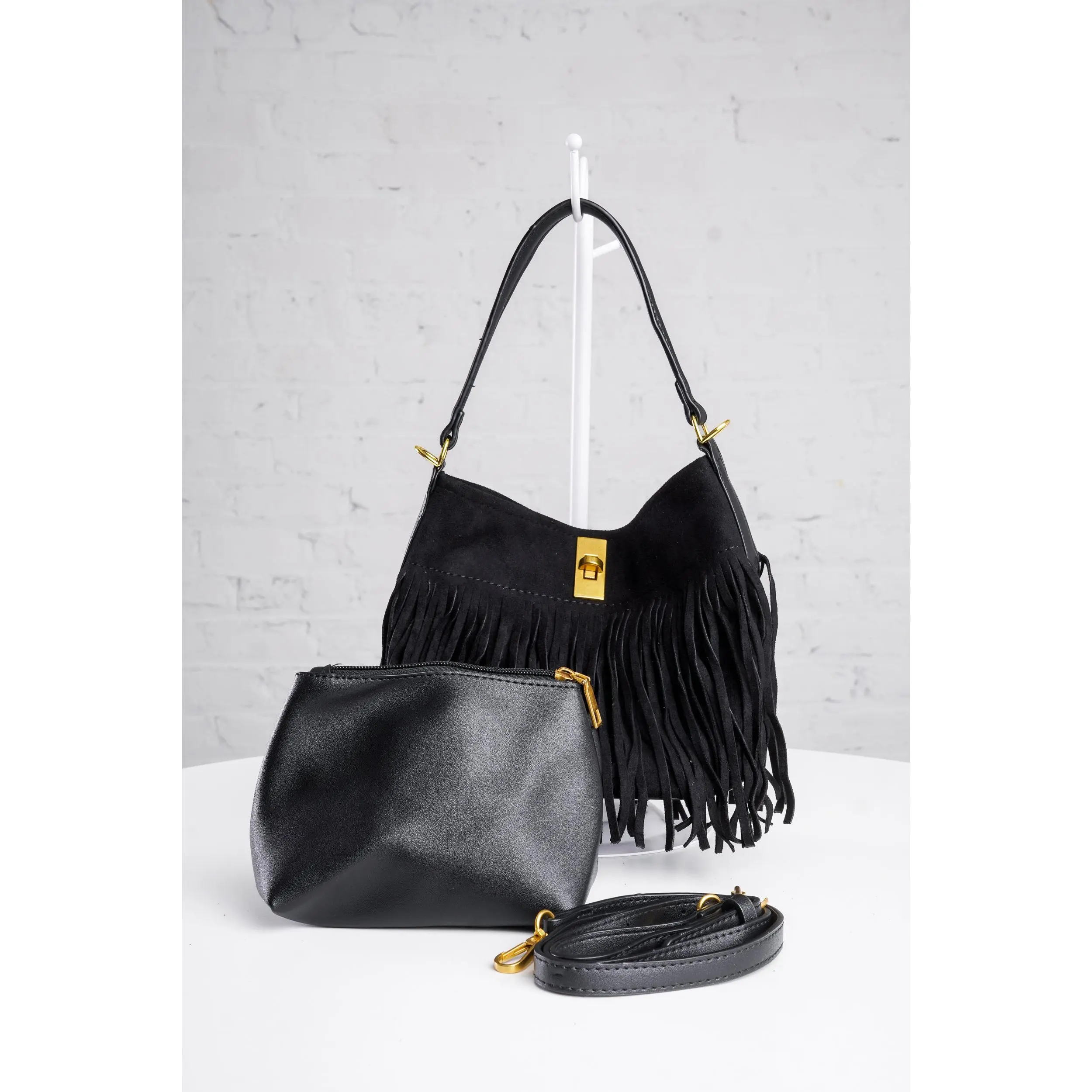 Fringe Bucket Bag in Black