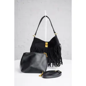Fringe Bucket Bag in Black
