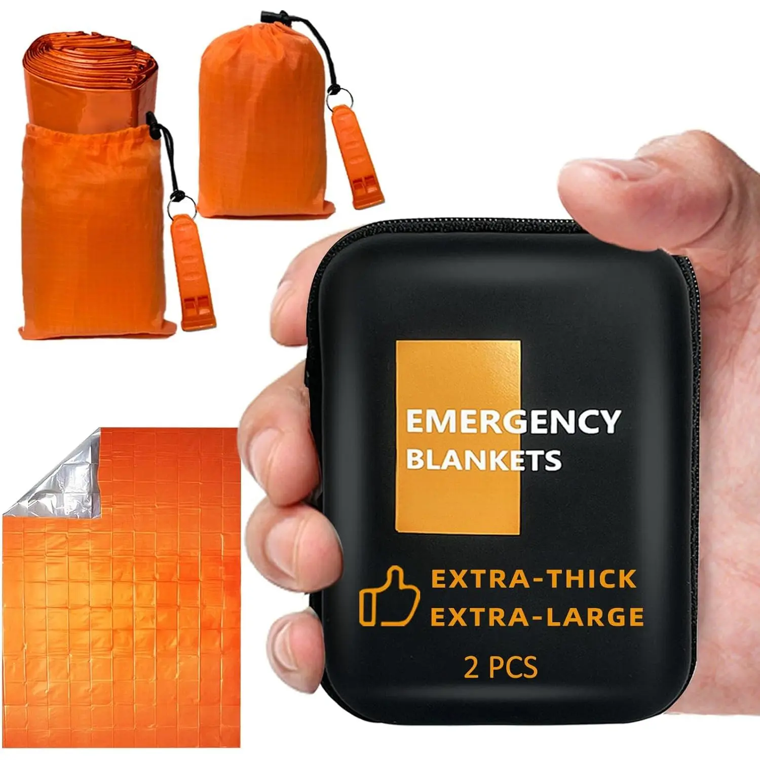 Emergency Blanket 2-Pack, Extra-Thick Extra-Large Waterproof Mylar Thermal Blankets with Whistles, Pouches & EVA Case, Storage Pouchs