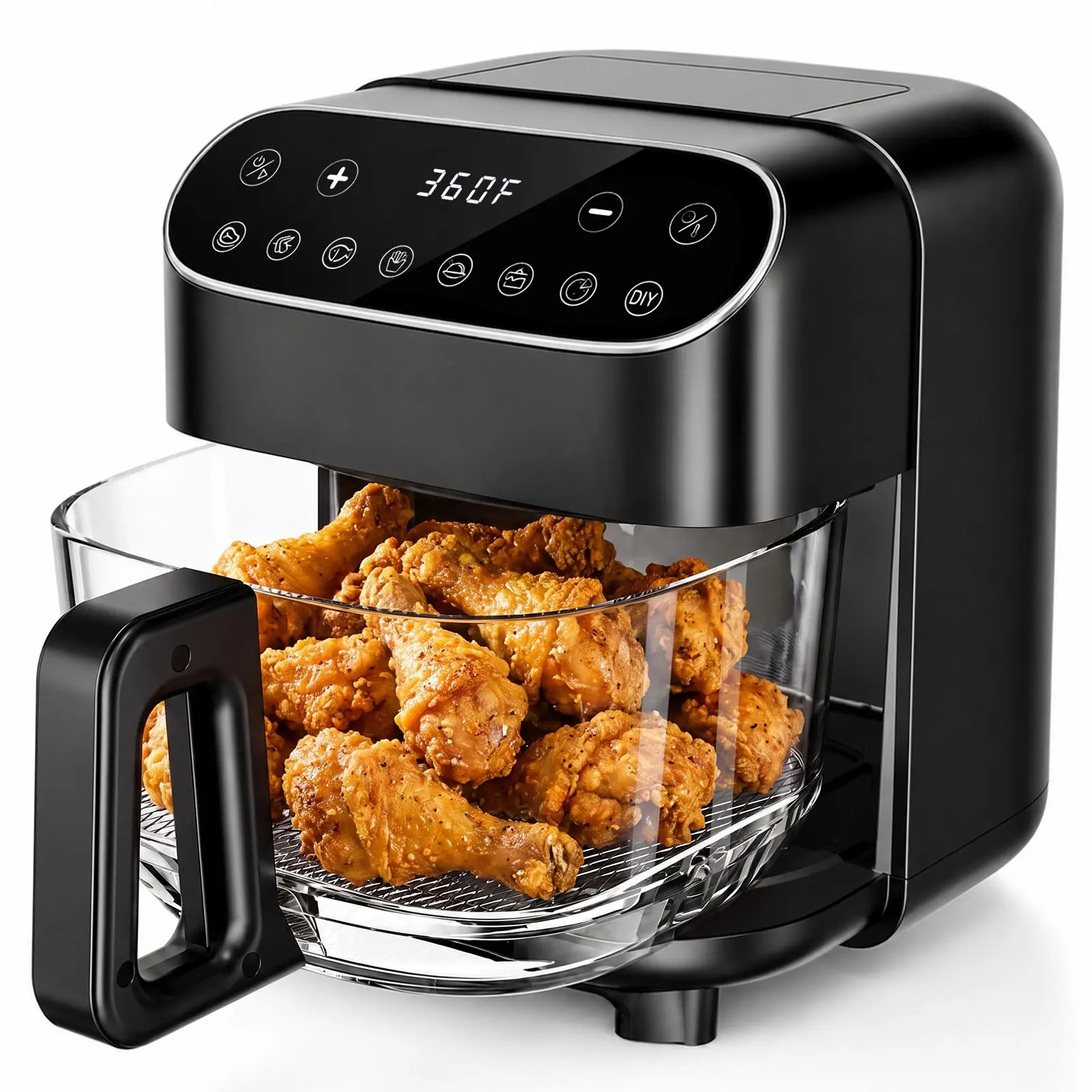 Electactic 5QT Cap. Glass Air Fryer with Basket - PFAS-Free, Dishwasher-Safe Basket, 8 Preset Touchscreen, 360° View Cooking, Easy to Use Fryers, Glass Bowl, for Family Use Healthy Meals in Minutes - Black, Touchscreen Ui