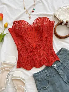 LUSHLACE Vacation Sexy Avant-Garde Double-Layer Fitted Corset Bustier, Soleia European & American Young Khaki Hollow Embroidered Shapewear