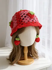 Handmade Crochet Strawberry Earrings Hat Set, Spring Summer Fruit Cute Hollow Out Fisherman Hat, Party Bucket Hat, Two Piece Set