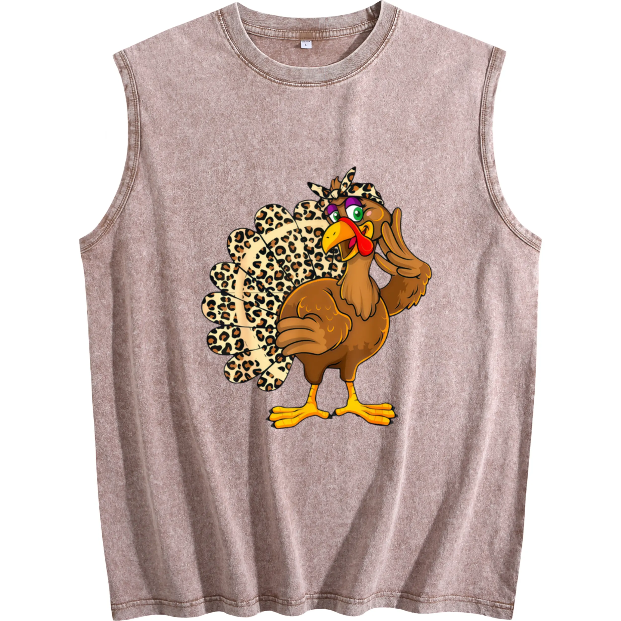 Men's Washed Sleeveless Vest with Thanksgiving Turkey & Leopard Feather Print – 100% Cotton, Casual Round Neck, Machine Washable Autumn Top with Retro Holiday Style
