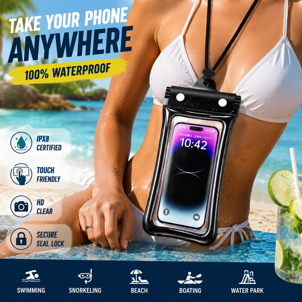 Waterproof Phone Pouch IPX8 Touch Screen Dry Bag Fits Up to 8.9 Inches with Lanyard for Travel Beach Cruise Sports Outdoor