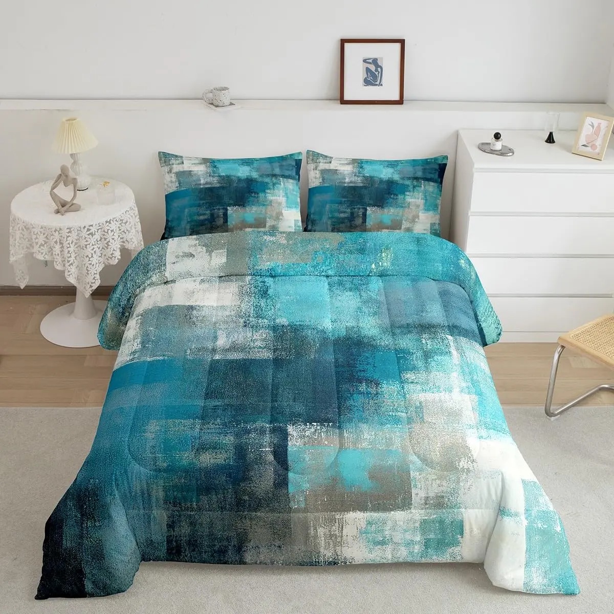 Feelyou Turquoise Teal Grey Ombre Microfiber Bed Comforter Sets - Modern Watercolor Polyester Duvet Insert, Vintage Contemporary Style, Multi-Size Quilt, Aesthetic Sheets for Girls, Modern Bedroom Bedroom Bedding Set