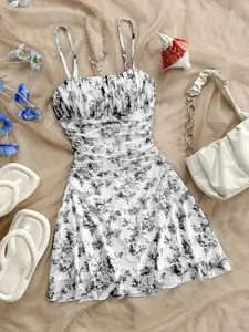 Women's Floral Print Dress, Boho Fashion Casual Sleeveless Short Dress for Beach Holiday Vacation, Ladies Summer Clothes, Bohemian