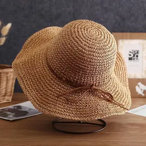 Women's Wide-Brimmed Straw Hat, Korean Style, Foldable, with Bow, Fresh and Breathable, Hollowed-Out Design, for Beach Vacation
