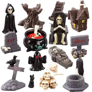 19 count Halloween Mini Figurines Creative Miniature Skull Heads Crow Tombstone Scene Ornaments Set Halloween  Village Collections  Crafts for Party Favors Fillers Tabletop Decor (A)