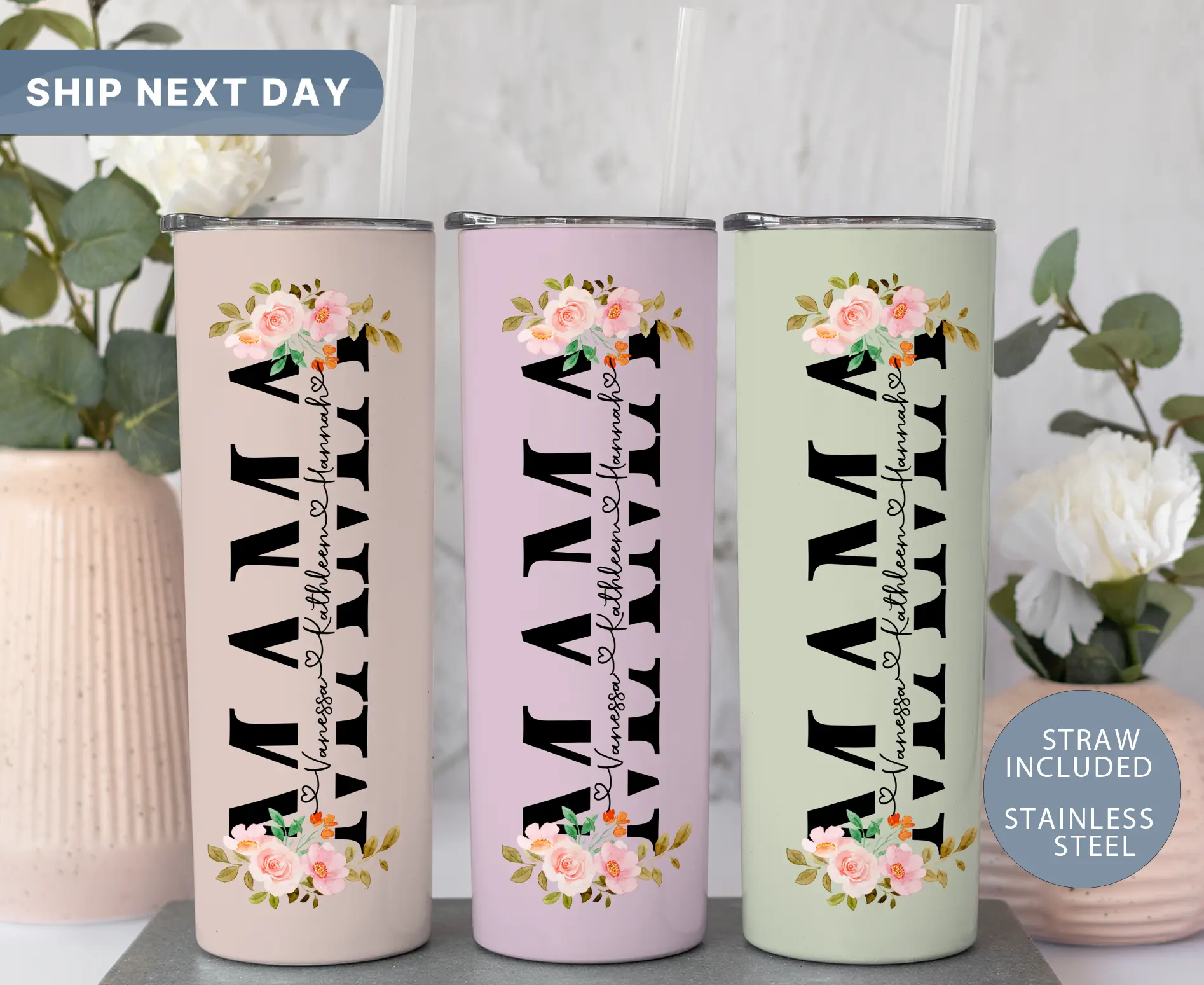 Personalized Mama Tumbler with 5 Color Options, Mom Tumbler with Names, Floral Skinny Tumbler, Mothers Day Gift, Mother Tumbler