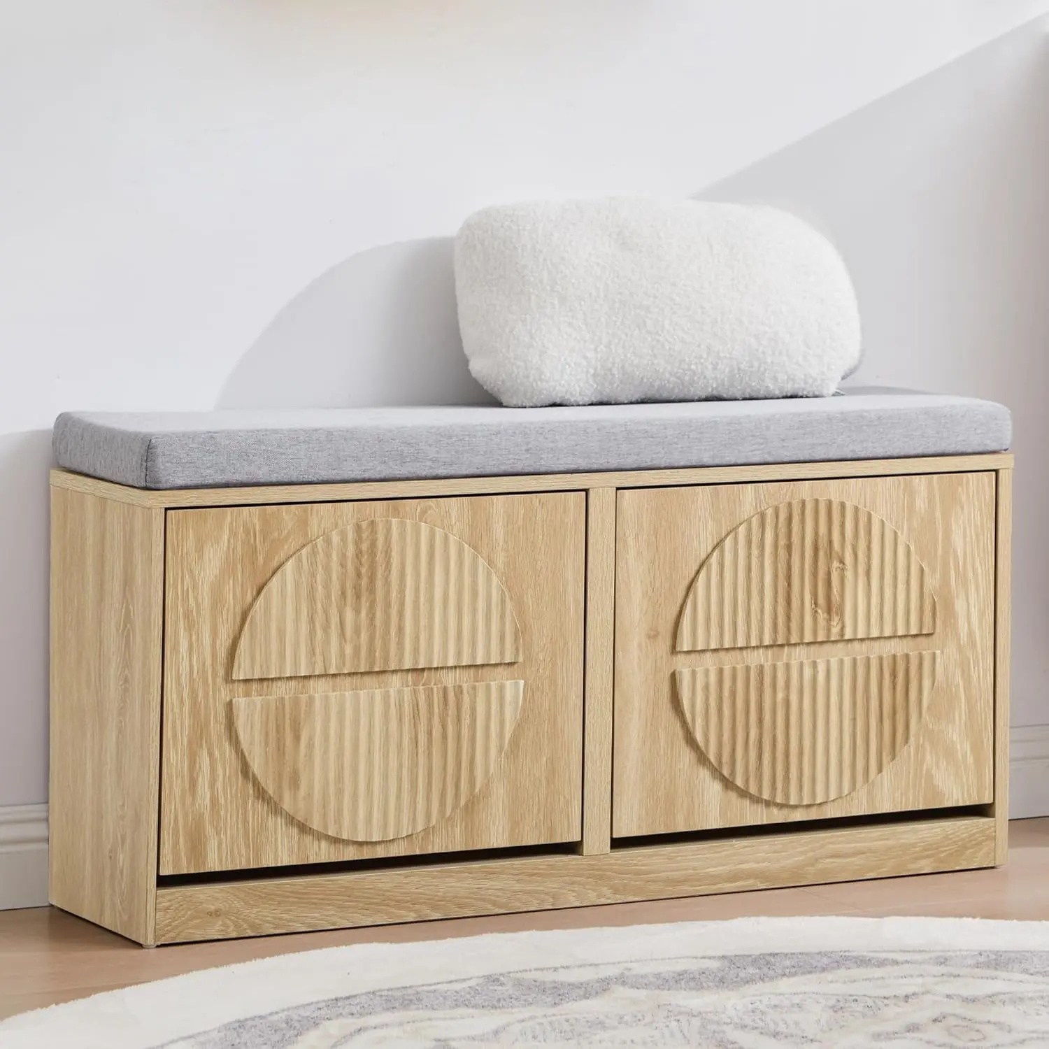 FurSch Slim Shoe Storage Bench for Entryway, Wooden Shoe Cabinet with Flip-Down Drawers and Adjustable Shelving, Cushioned Shoe Bench with Textured Panel for Hallway or Living Room