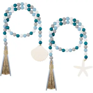 2 Pcs Farmhouse Seashell Bead Garland with Tassels, Decorative Nautical Coastal Wooden Beads Decor Set for Home Kitchen Tiered Tray, White