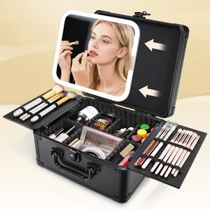 Magnetic Lighted Makeup Case with 3 Color LED Mirror Portable Cosmetic Suitcase with Key Divider Storage for Women Girls Travel Home Black