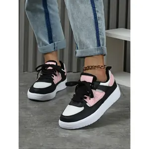 Women's Fashionable Colorblock Lace Up Low Top Sneakers, Casual Comfortable Breathable Sports Shoes, Female All-match Round Toe Shoes for Daily Wear(Sheets)