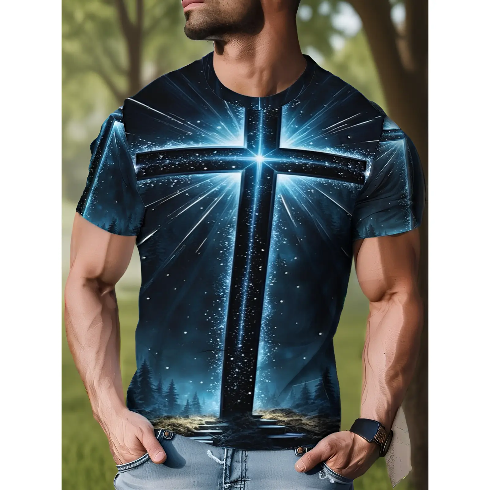 Glowing Cross T-shirt for Men Christian Faith Religious Apparel Spiritual Design Perfect for Church Service Daily Wear and Special Occasions Ideal Gift for Christmas Easter and Religious Holidays Devout Believers and Faithful Followers Black Tee