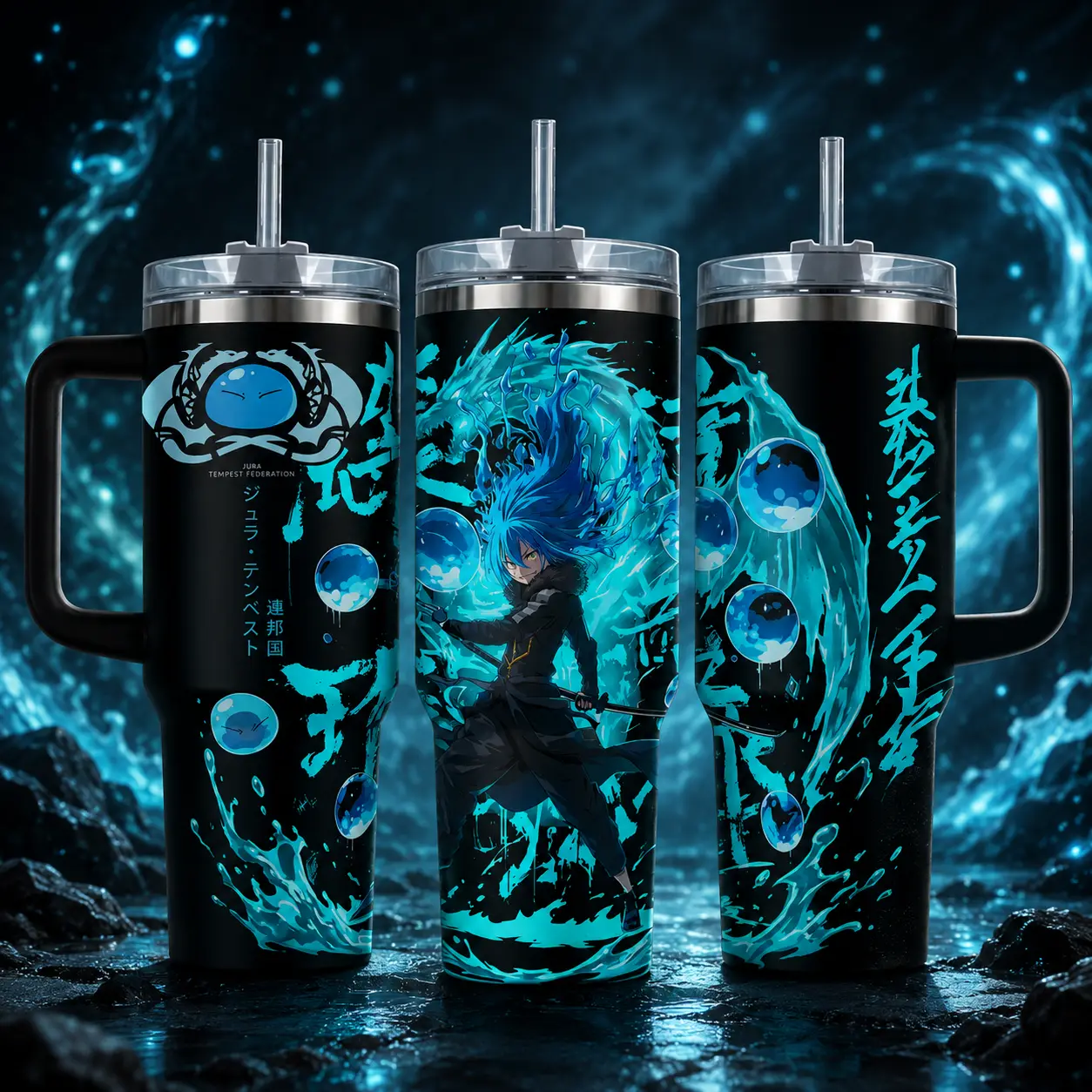 Rimuru Tempest Slime King Vacuum Insulated Flask - 40oz Reusable Anime Travel Mug, Kitchenware Drinkware with Handle, Straw Lid, Blue Aura Water Spirit Design, Flasks